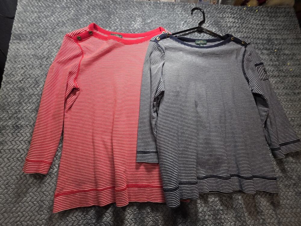 Lauren Ralph Lauren 3/4 Sleeve Striped Top With Shoulder Buttons Lot Of 2